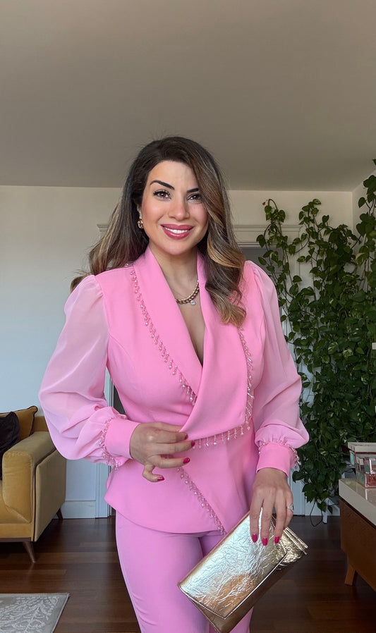 KOLU TÜL DETAYLI TAŞLI TAKIM - PEMBE