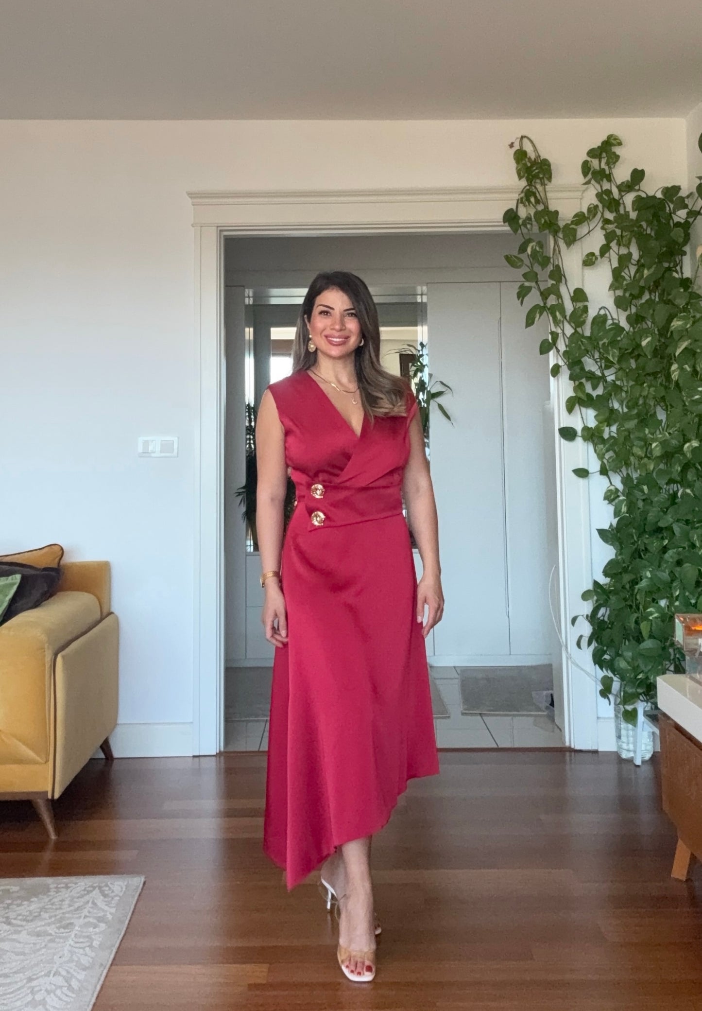GOLD DÜĞME DETAYLI ELBİSE - BORDO