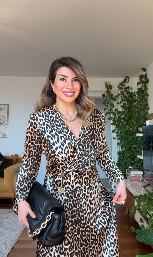 GOLD DÜĞME DETAYLI ELBİSE - LEOPAR