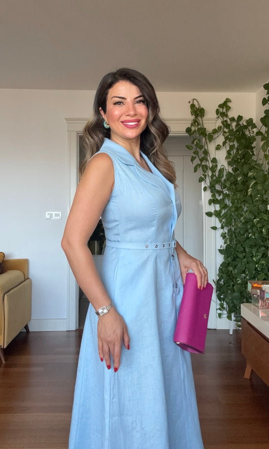DOĞAL KETEN ELBİSE - MAVİ