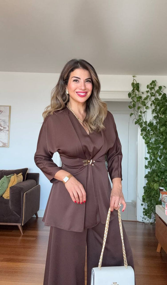 GOLD TOKA DETAYLI KRUVAZE TAKIM - LATTE KAHVE