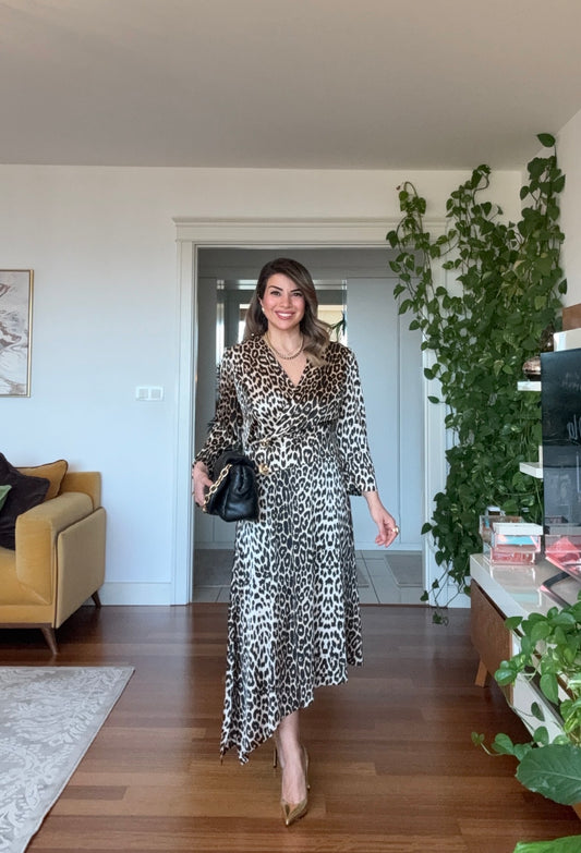 GOLD DÜĞME DETAYLI ELBİSE - LEOPAR