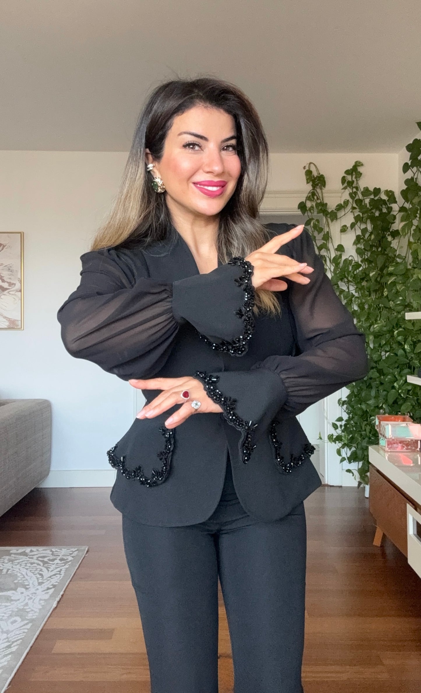 TAŞLI ŞİFON KOLLU BLAZER TAKIM - SİYAH