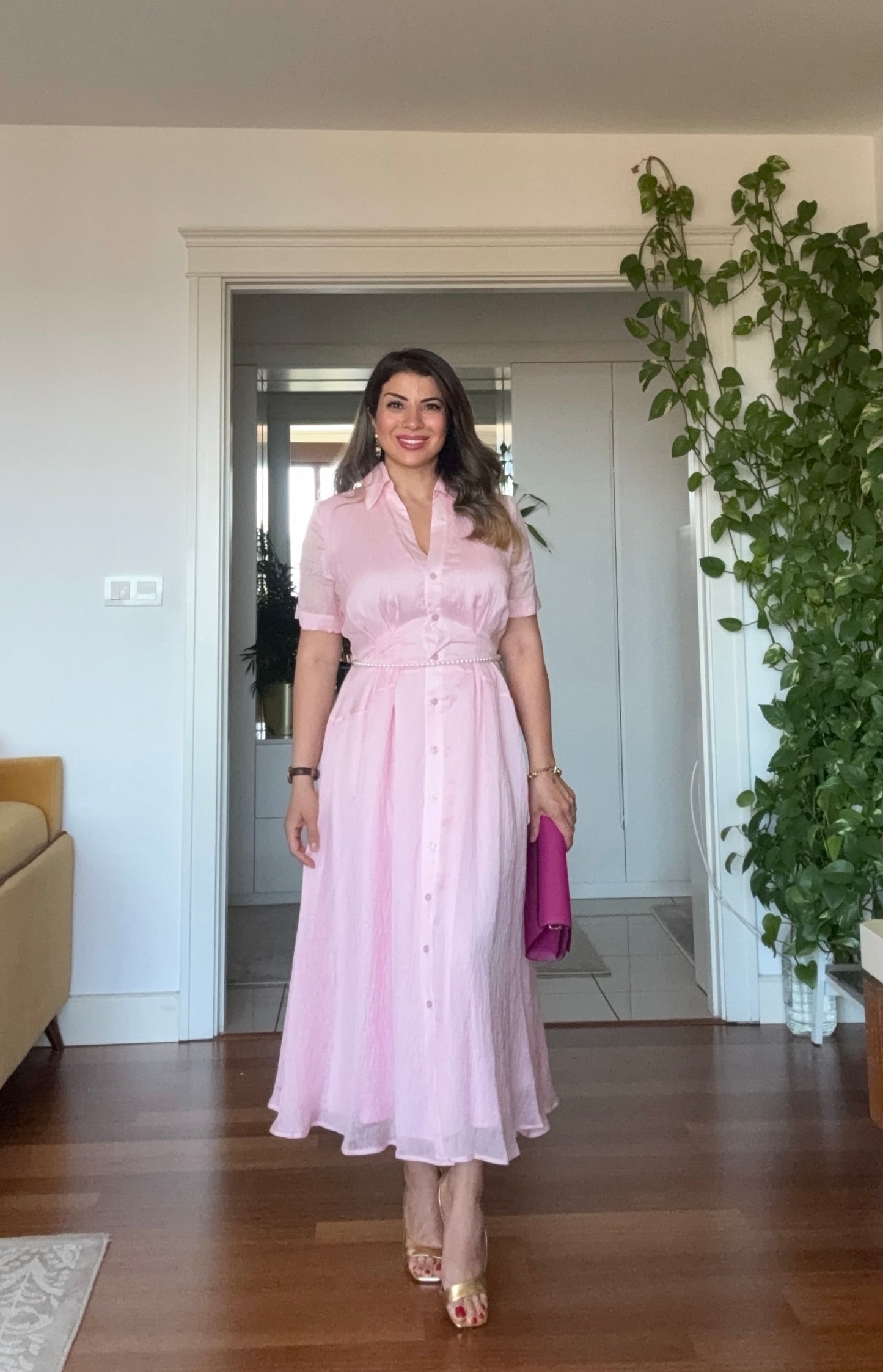 PRENSES MODEL PARLAK GÖMLEK ELBİSE -PUDRA