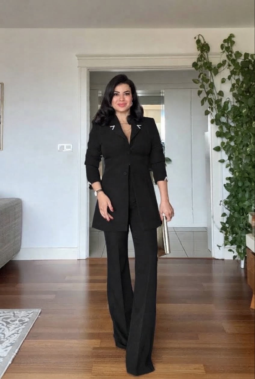 GOLD AKSESUAR DETAYLI UZUN BLAZER TAKIM - SİYAH