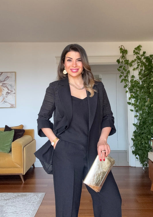KETEN DOKULU DETAYLI BLAZER TAKIM - SİYAH
