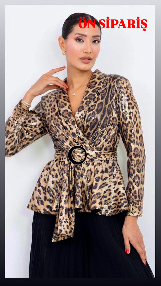 LEOPAR DESEN PUL PAYET PİLELİ TAKIM - SİYAH