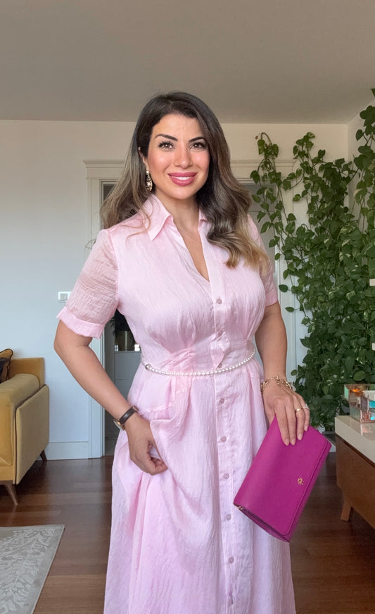 PRENSES MODEL PARLAK GÖMLEK ELBİSE -PUDRA