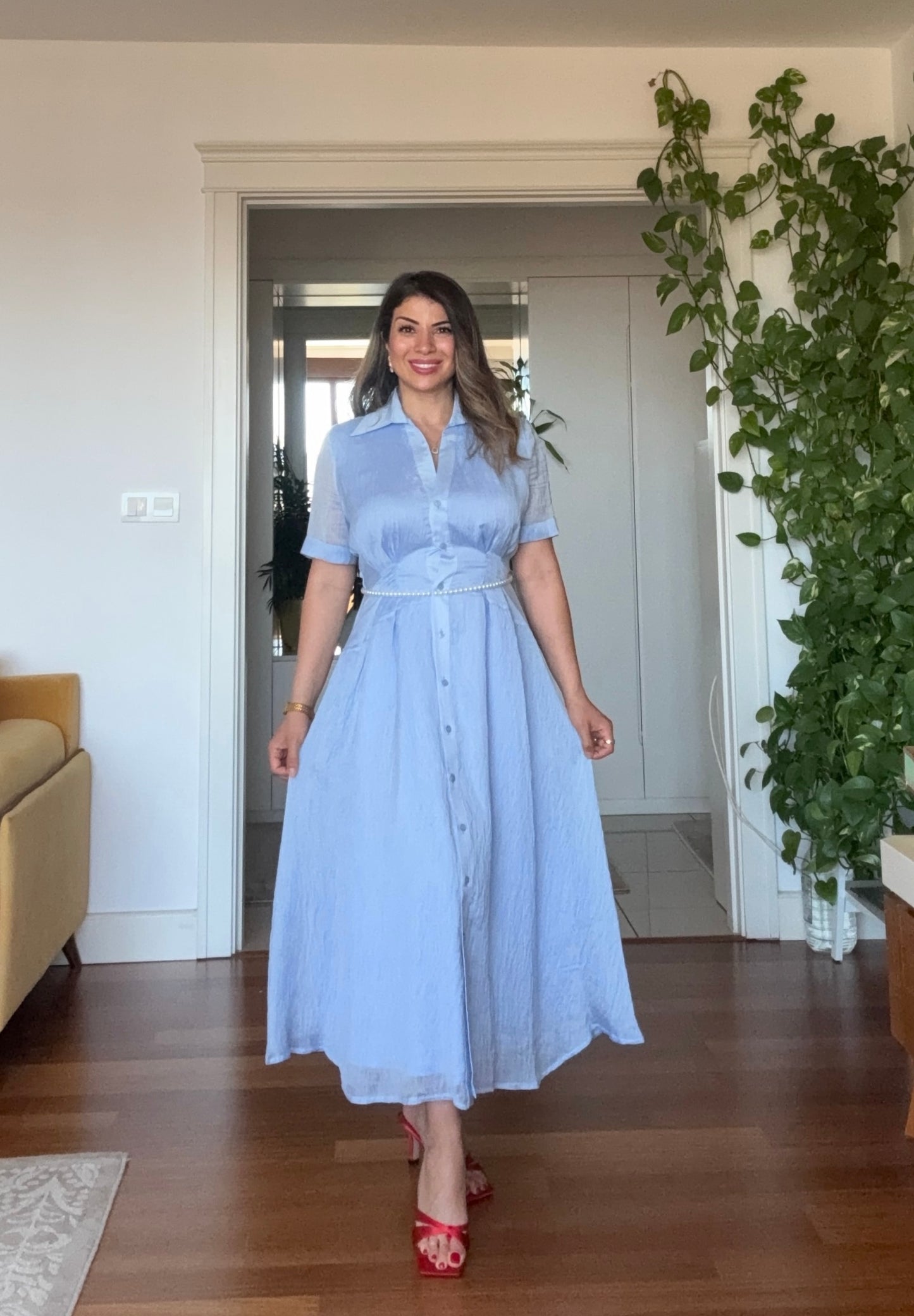 PRENSES MODEL PARLAK GÖMLEK ELBİSE -BEBE MAVİ