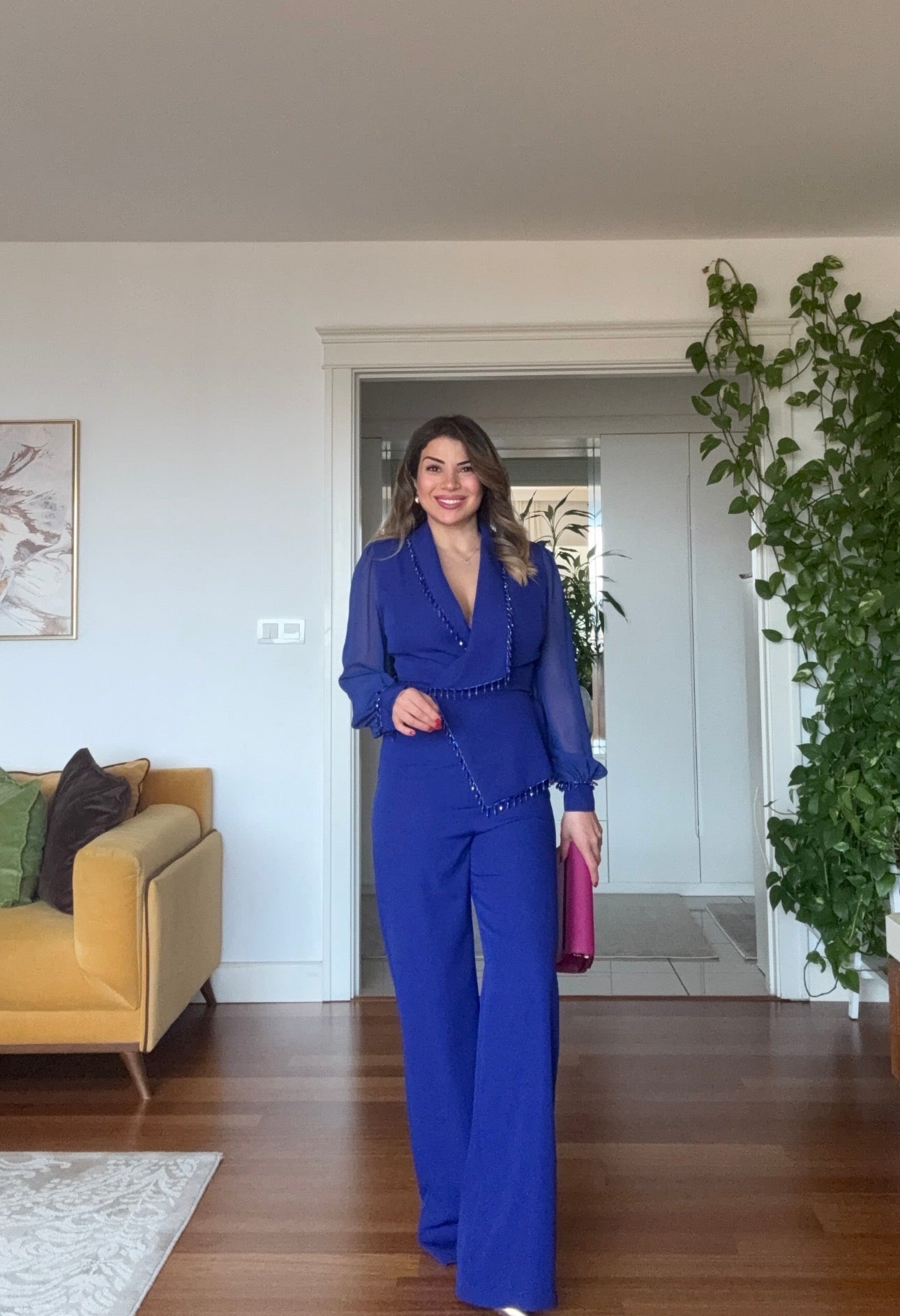 KOLU TÜL DETAYLI TAŞLI TULUM - SAKS MAVİ