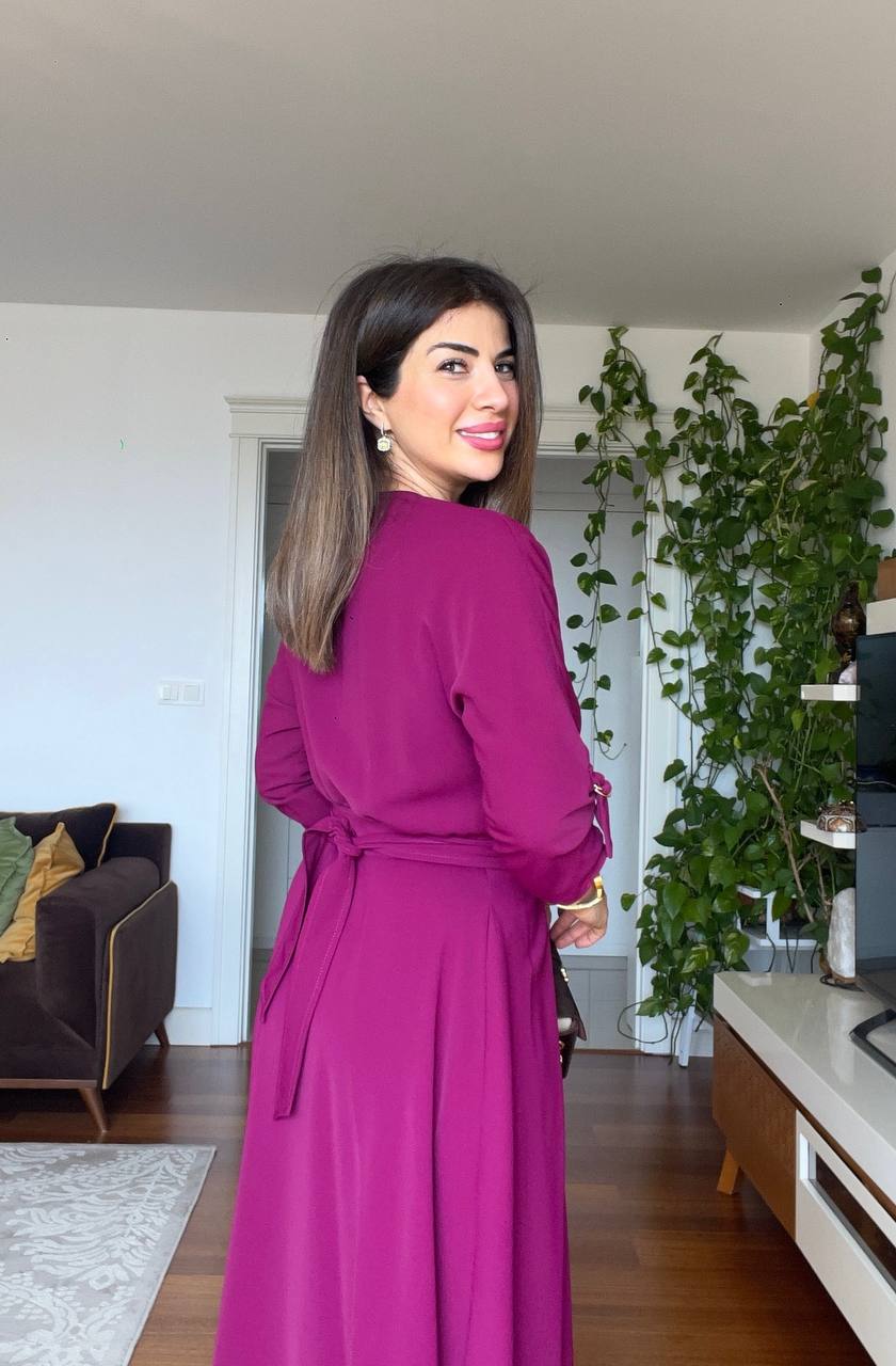 KUŞAKLI MİDİ ELBİSE - MÜRDÜM