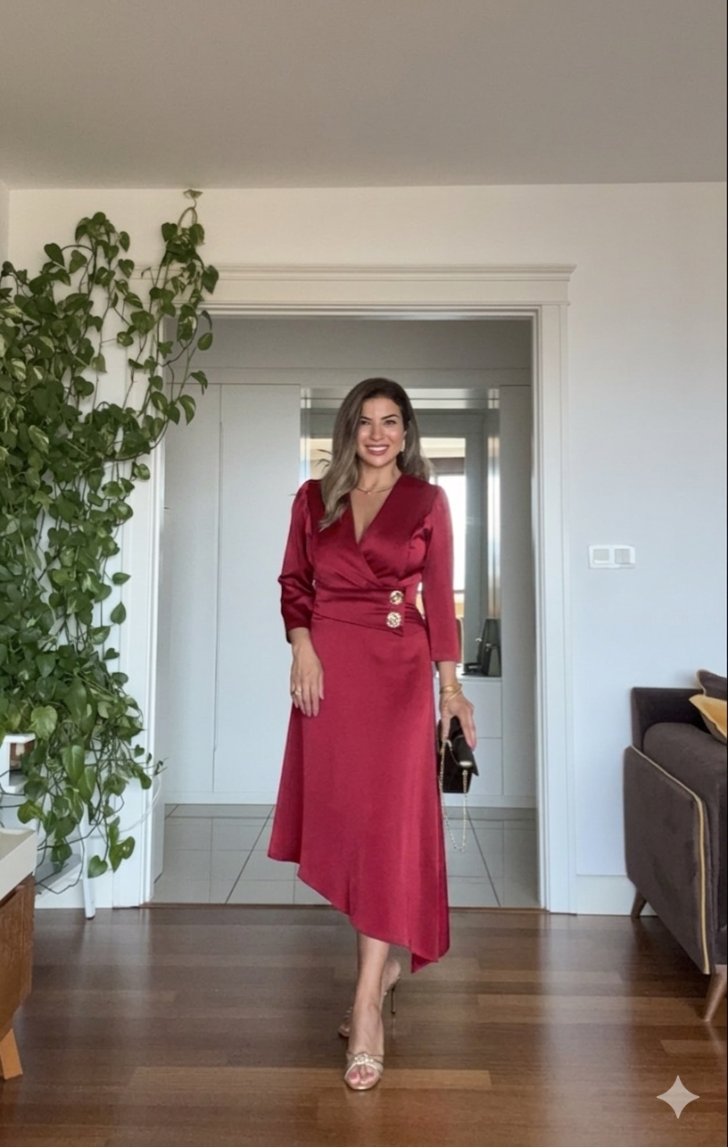 GOLD DÜĞME DETAYLI ELBİSE - KIRMIZI