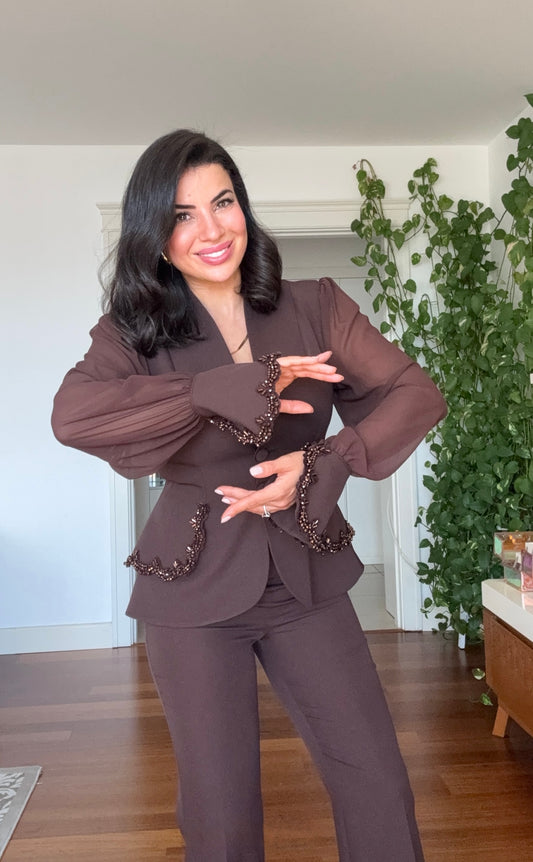 TAŞLI ŞİFON KOLLU BLAZER TAKIM - KAHVE