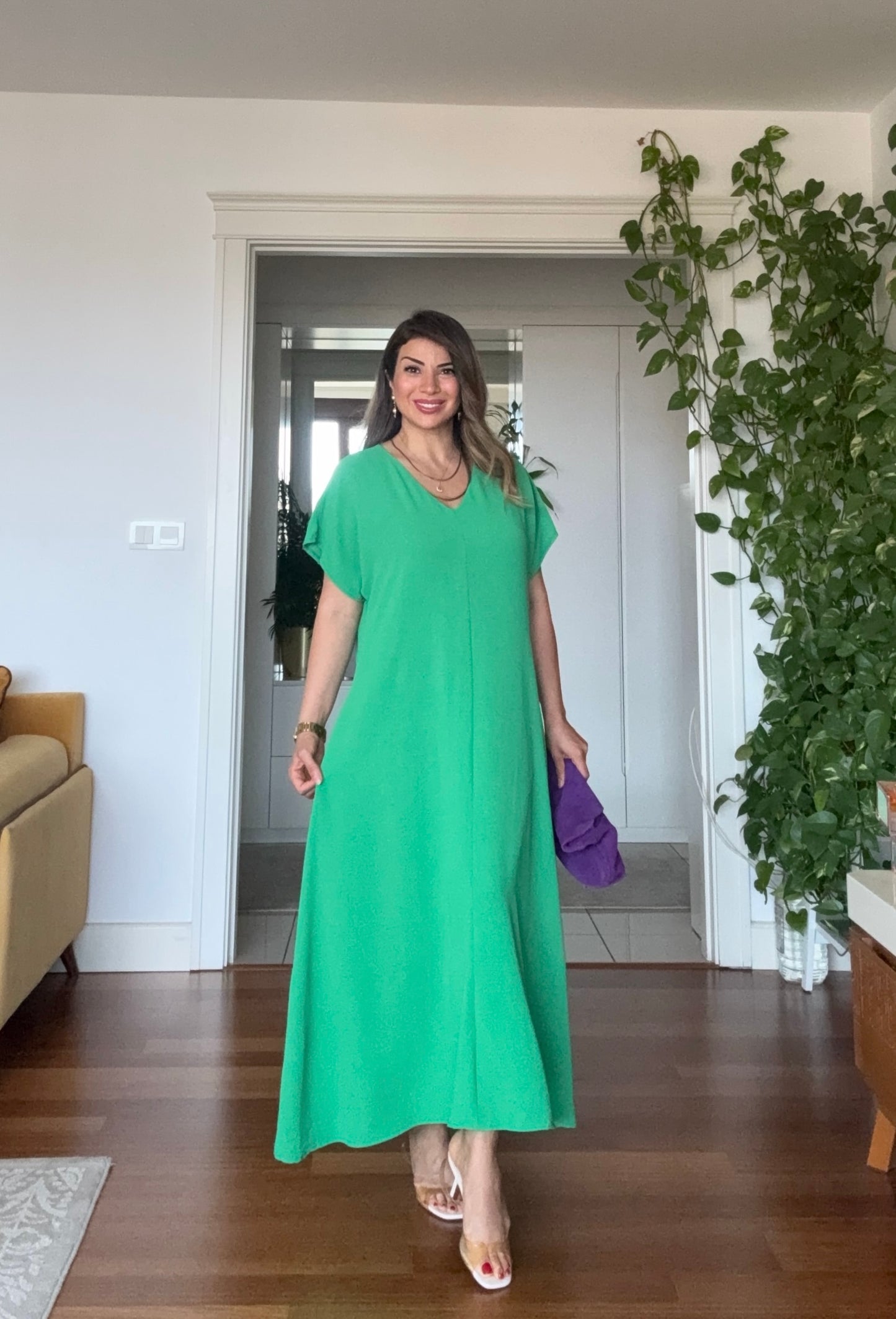 V YAKA OVERSİZE MAXİ ELBİSE - YESİL