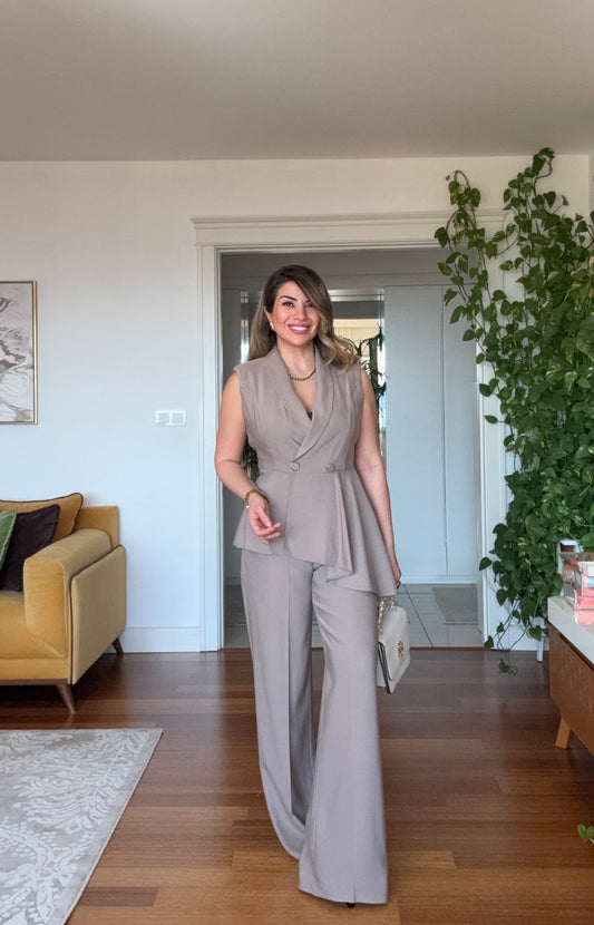 ASİMETRİK KESİM PREMİUM KOLSUZ TAKIMI - HAKİ