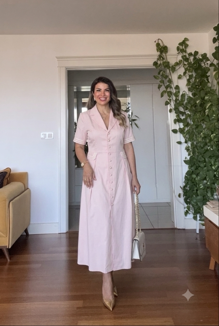 KRUVAZE YAKA DÜĞMELI MİDİ ELBISE – PEMBE