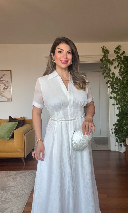 PRENSES MODEL PARLAK GÖMLEK ELBİSE -BEYAZ