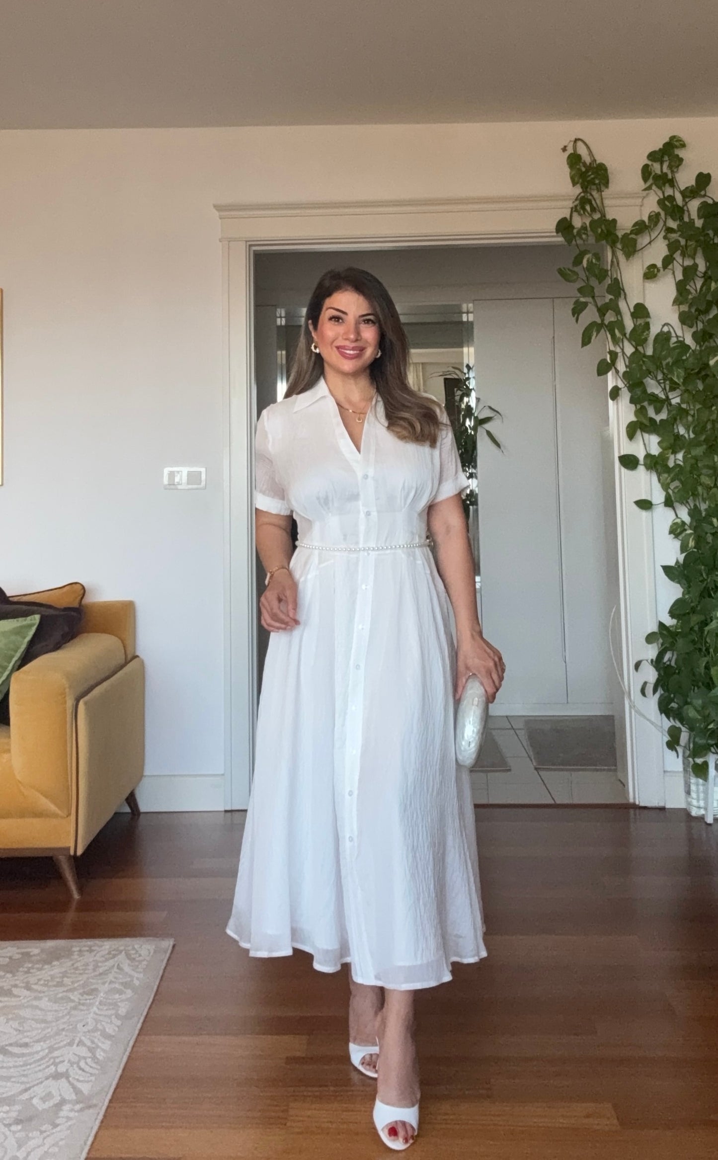 PRENSES MODEL PARLAK GÖMLEK ELBİSE -BEYAZ