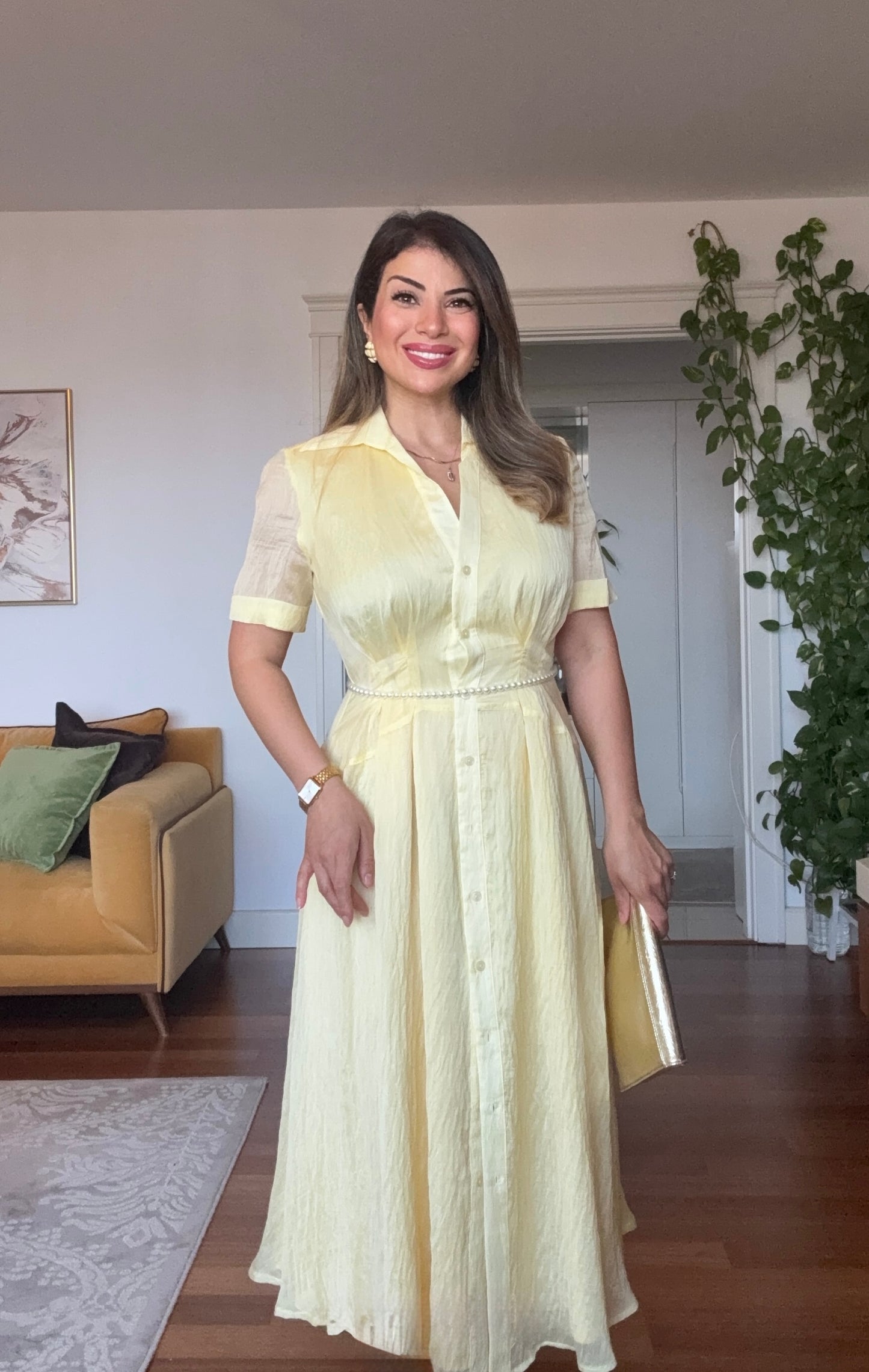 PRENSES MODEL PARLAK GÖMLEK ELBİSE -SARI
