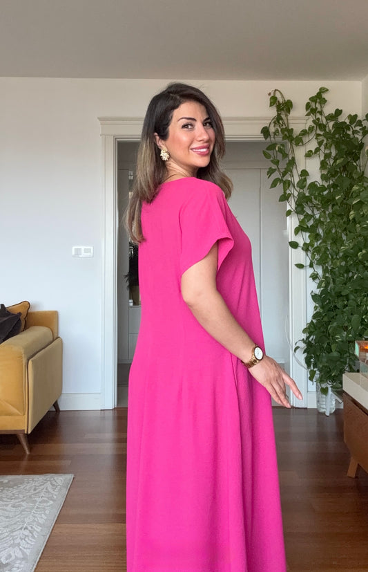 V YAKA OVERSİZE MAXİ ELBİSE - FUŞYA