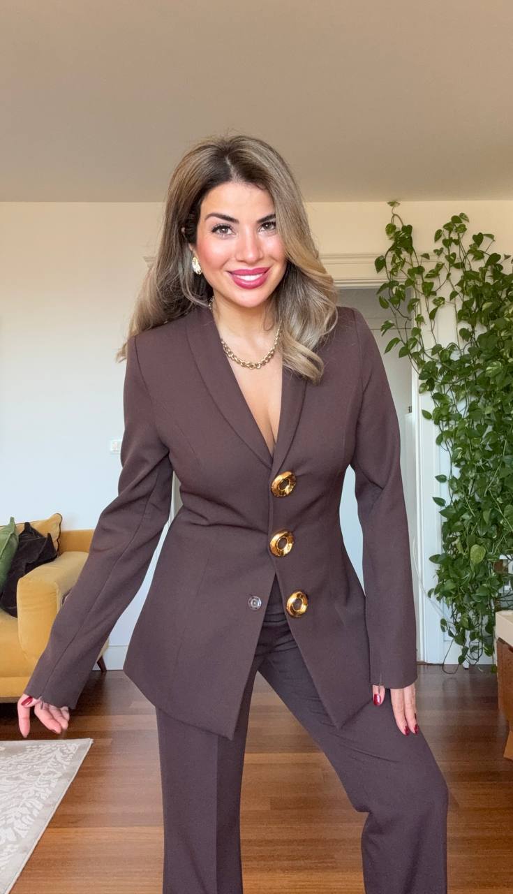 LEOPAR DETAYLI KAPİTONE CEKETLİ TAKIM – KAHVERENGİ