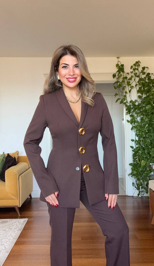 LEOPAR DETAYLI KAPİTONE CEKETLİ TAKIM – KAHVERENGİ