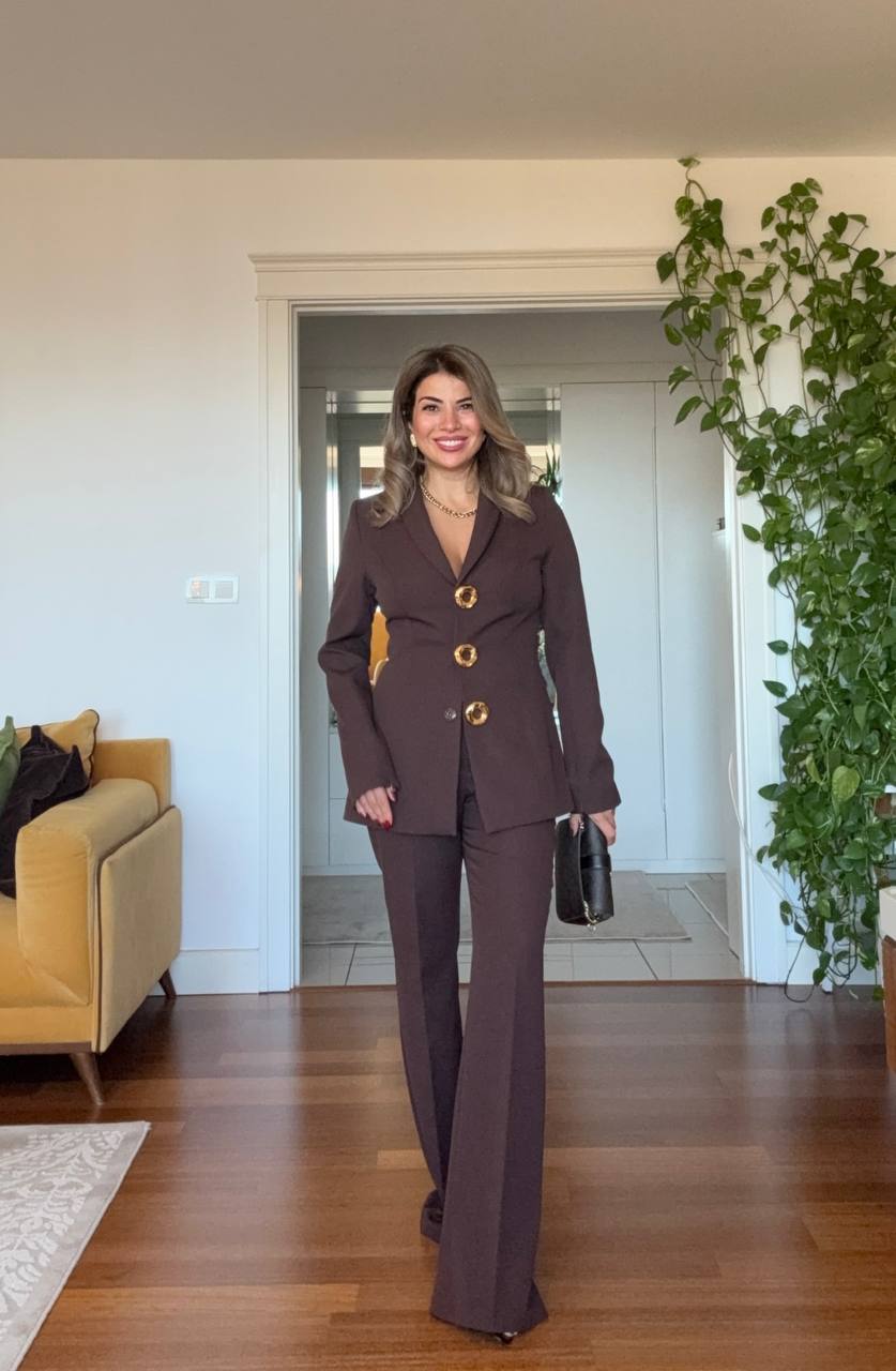 LEOPAR DETAYLI KAPİTONE CEKETLİ TAKIM – KAHVERENGİ