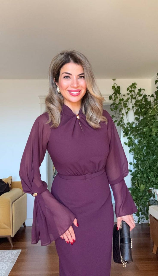 ZARİF KOL DETAYLI BEL KEMERLİ ELBİSE - MÜRDÜM