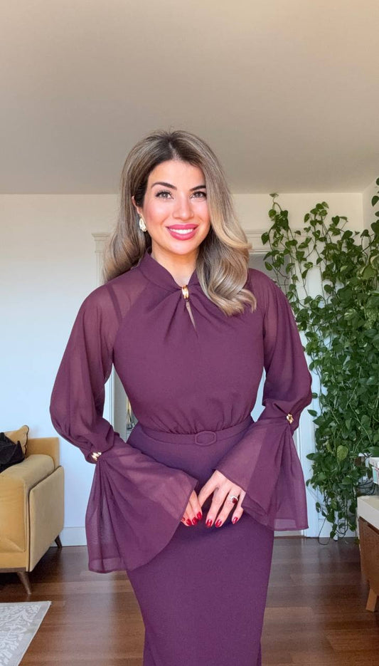 ZARİF KOL DETAYLI BEL KEMERLİ ELBİSE - MÜRDÜM