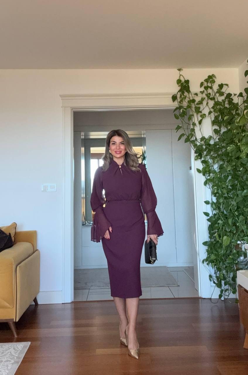ZARİF KOL DETAYLI BEL KEMERLİ ELBİSE - MÜRDÜM