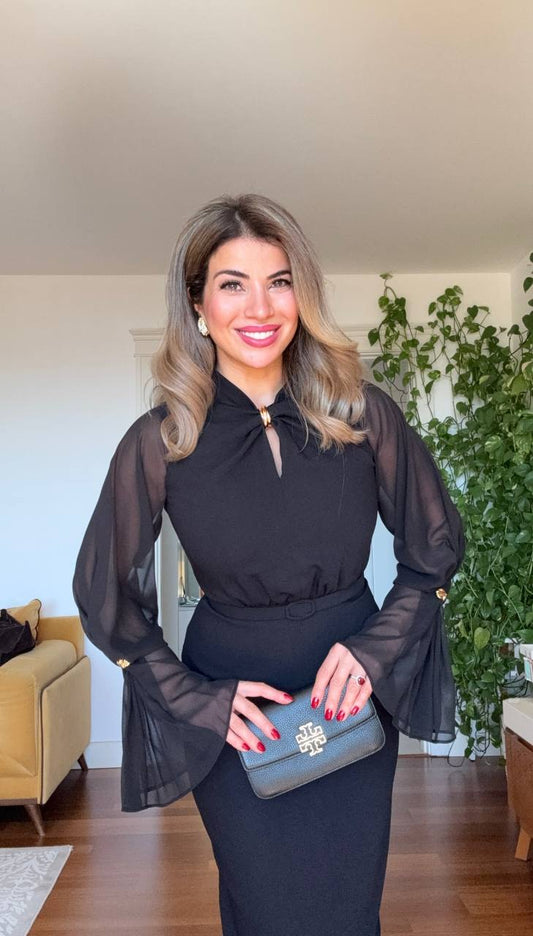 ZARİF KOL DETAYLI BEL KEMERLİ ELBİSE - SİYAH