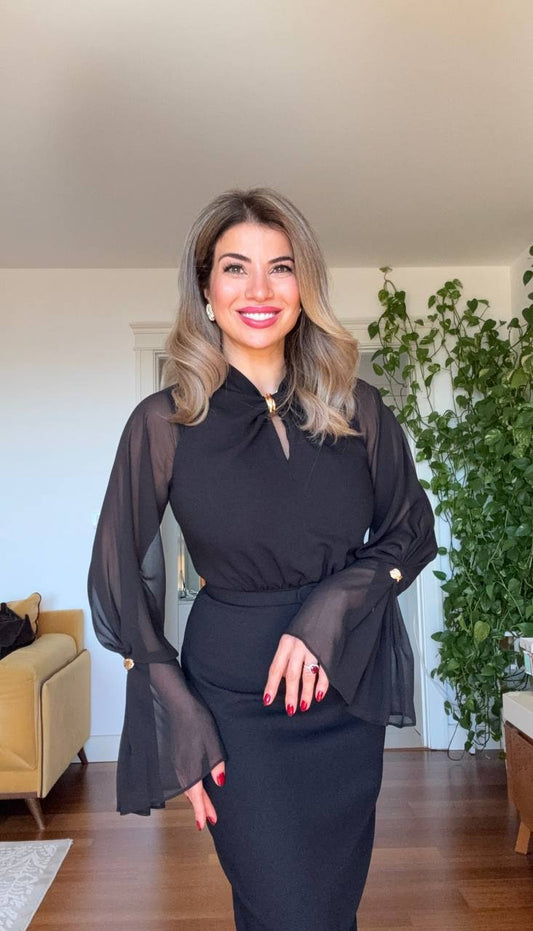 ZARİF KOL DETAYLI BEL KEMERLİ ELBİSE - SİYAH