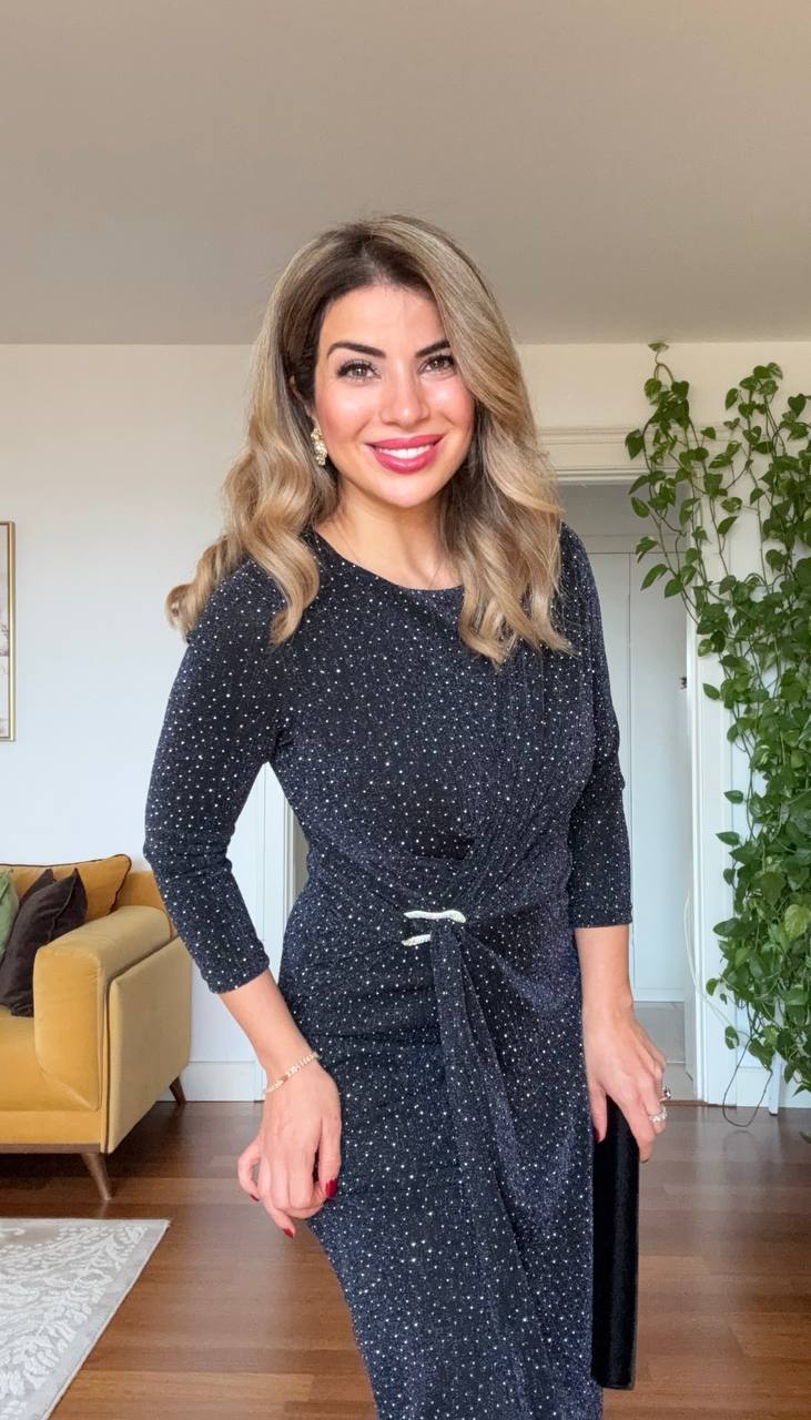 SİMLİ BEL BAĞLAMALI ŞIK MİDİ ELBİSE – Lacivert