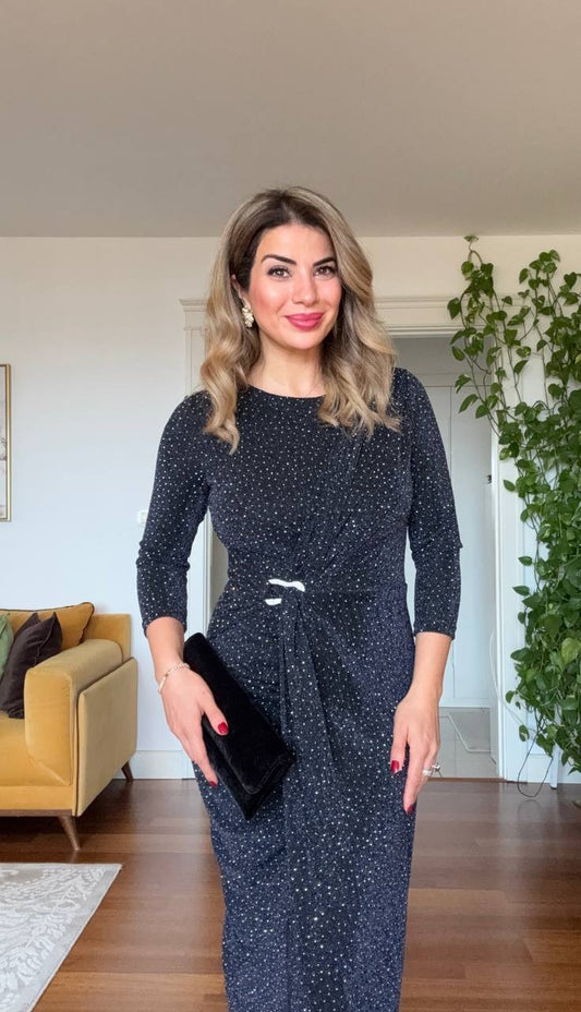SİMLİ BEL BAĞLAMALI ŞIK MİDİ ELBİSE – LACİVERT