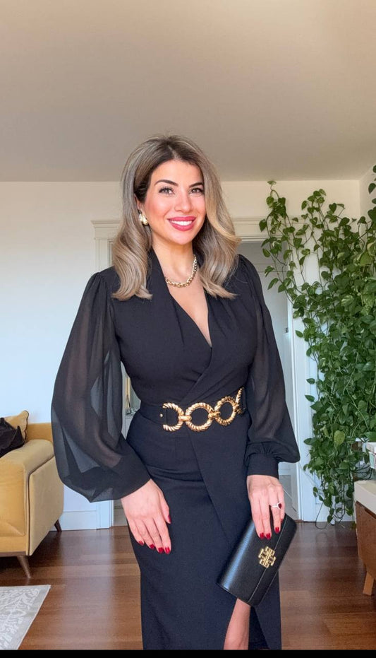 GOLD ZİNCİR KEMERLİ KRUVAZE ELBİSE - SİYAH