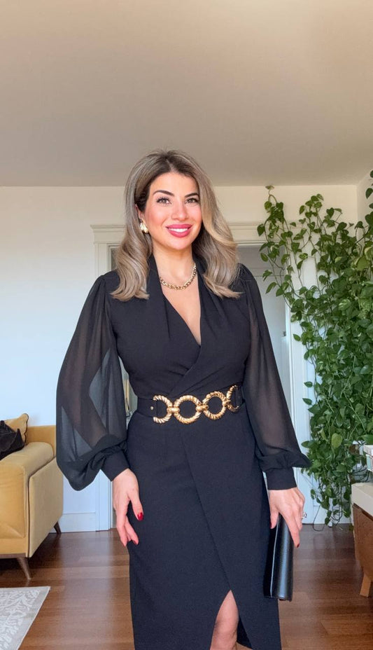 GOLD ZİNCİR KEMERLİ KRUVAZE ELBİSE - SİYAH