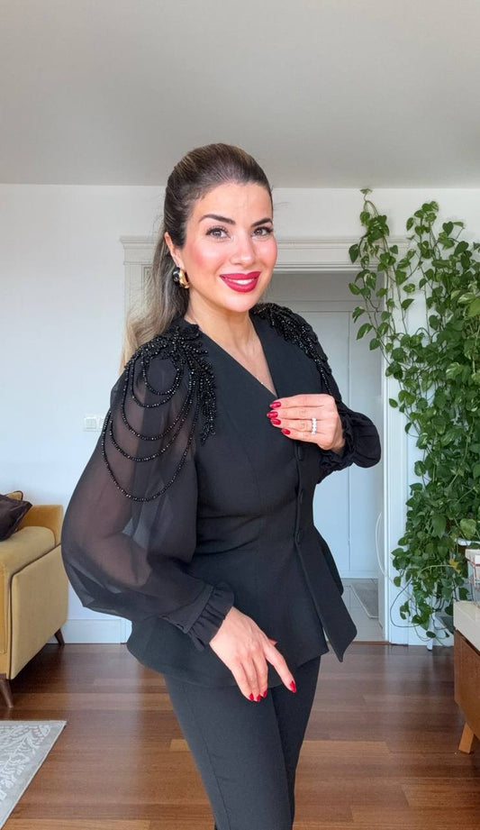 TAŞ DETAYLI ŞİFON KOLLU TAKIM - SİYAH