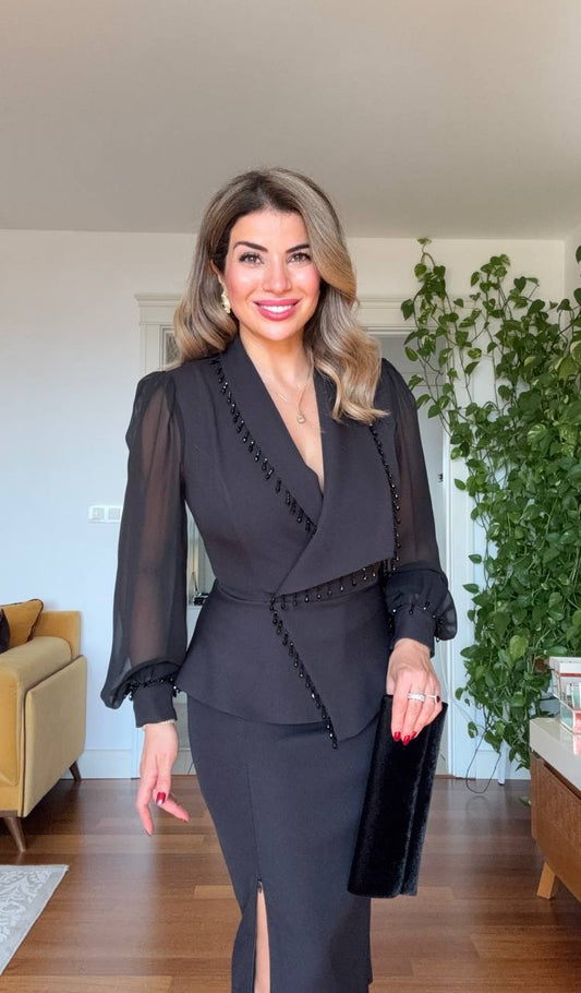 KOLU TÜL DETAYLI TAŞLI ETEKLİ TAKIM - SİYAH