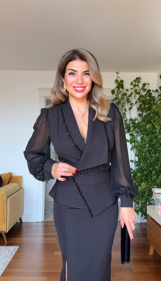 KOLU TÜL DETAYLI TAŞLI ETEKLİ TAKIM - SİYAH