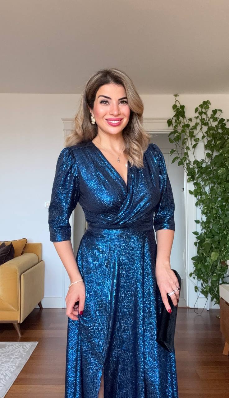 SİMLİ KRUVAZE PARLAK MİDİ ABİYE ELBİSE – MAVİ