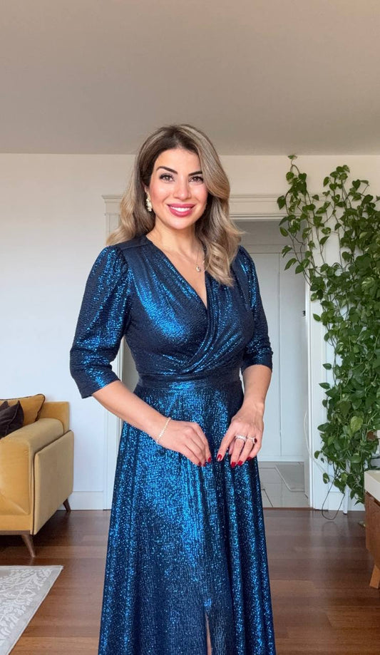 SİMLİ KRUVAZE PARLAK MİDİ ABİYE ELBİSE – MAVİ