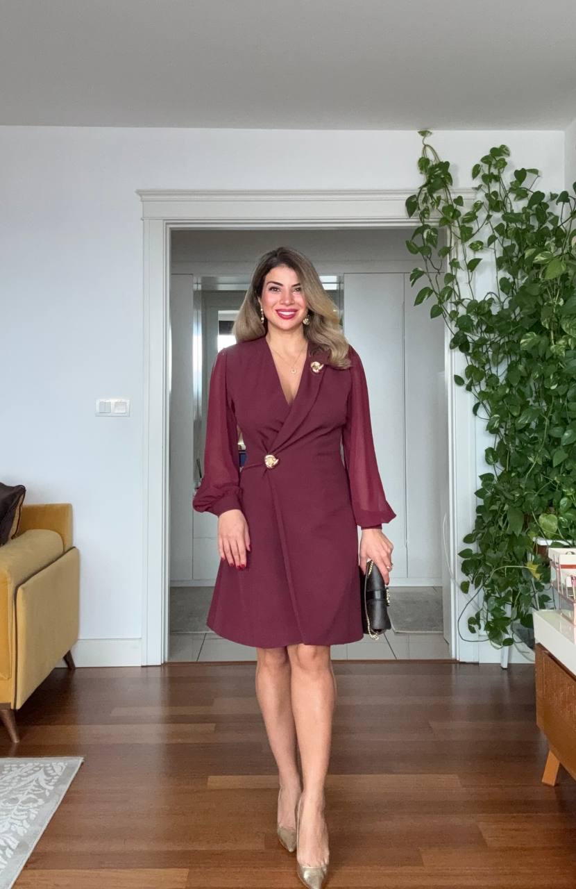 KRUVAZE YAKA CEKET ELBİSE - BORDO
