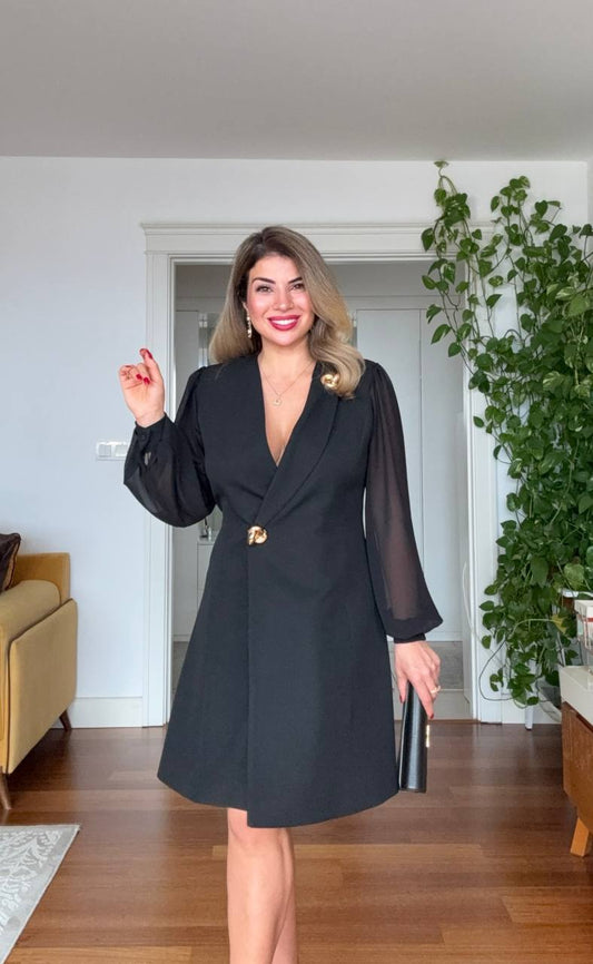 KRUVAZE YAKA CEKET ELBİSE - SİYAH