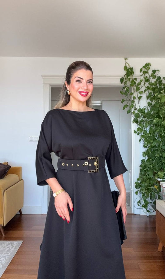 OVERSIZE KEMERLİ MİDİ ELBİSE - SİYAH