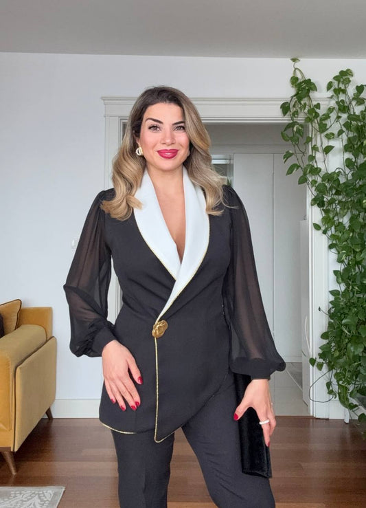 ŞİFON KOLLU ASİMETRİK CEKETLİ TAKIM – SİYAH