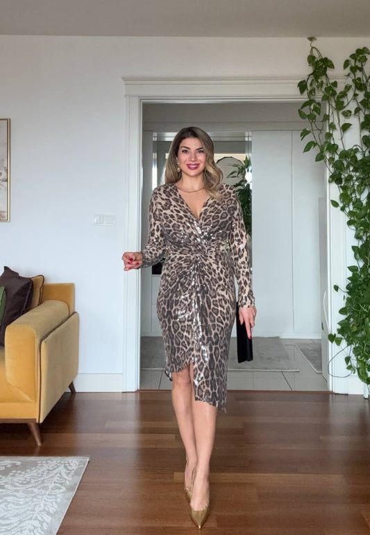 LEOPAR DESEN PAYETLİ KRUVAZE ELBİSE
