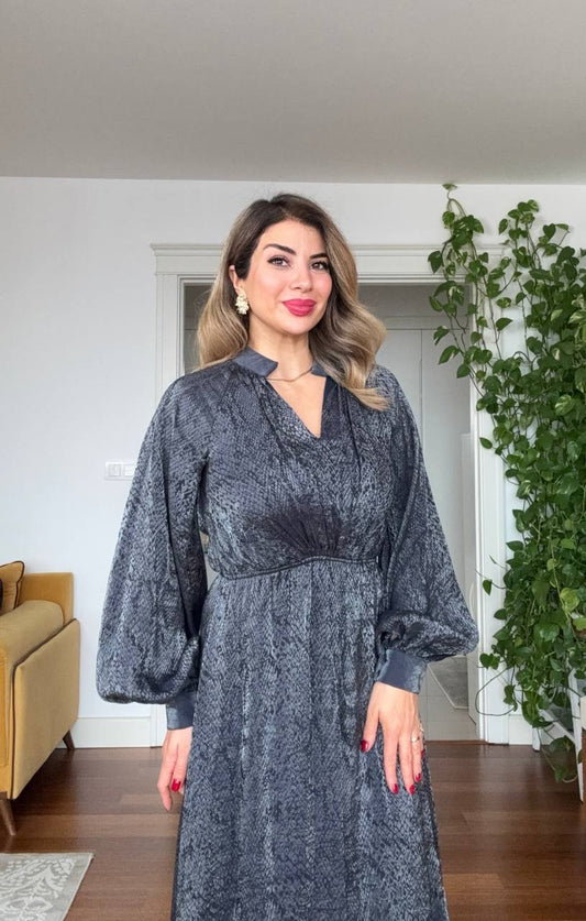 PARLAK SATEN BALON KOL MİDİ ELBİSE - ANTRASİT GRİ