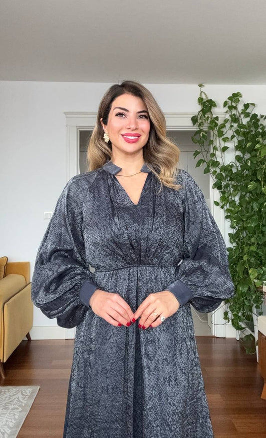 PARLAK SATEN BALON KOL MİDİ ELBİSE - ANTRASİT GRİ