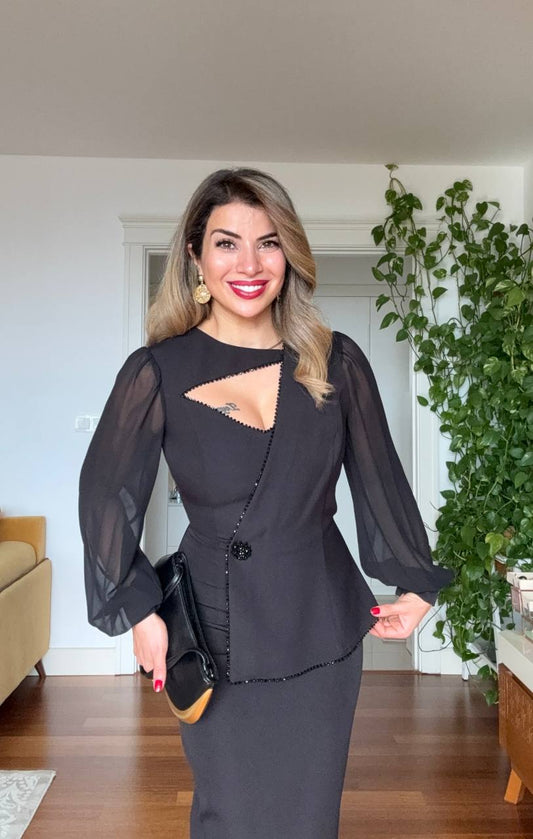 ASİMETRİK KESİM ŞİFON KOL ELBİSE - SİYAH