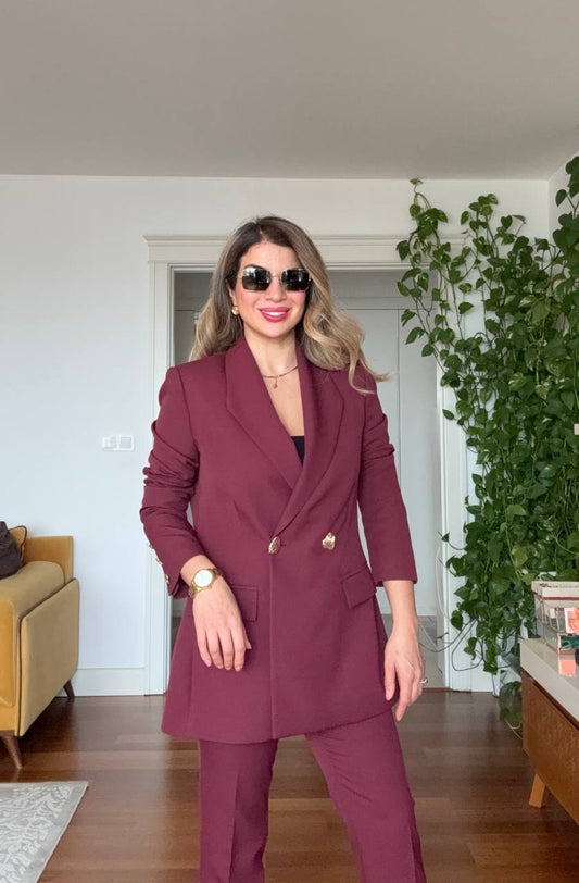 GOLD DÜĞME DETAYLI OVERSIZE TAKIM – BORDO